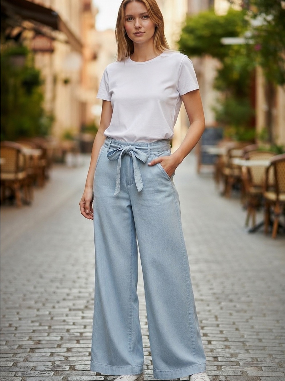Coco + Carmen Light Blue Wide-Leg Tie-Waist Jeans